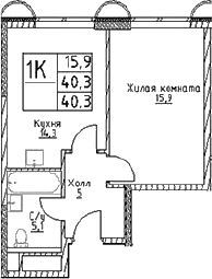 Планировка: 1-комнатная квартира 40,3 м² в ЖК «Наметкин Тауэр»
