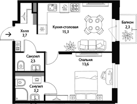 Планировка: Евродвушка 38,1 м² в ЖК «Экография»
