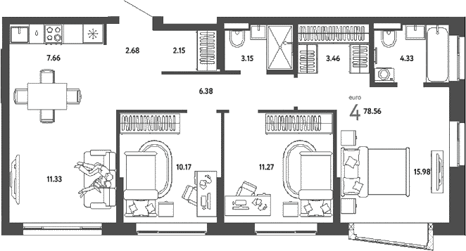 Планировка: Квартира евро-4 78,6 м² в ЖК «Страна.Парковая»