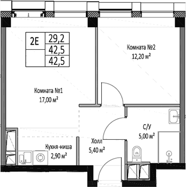 Планировка: Евродвушка 42,5 м² в ЖК «ЭМОУШН»
