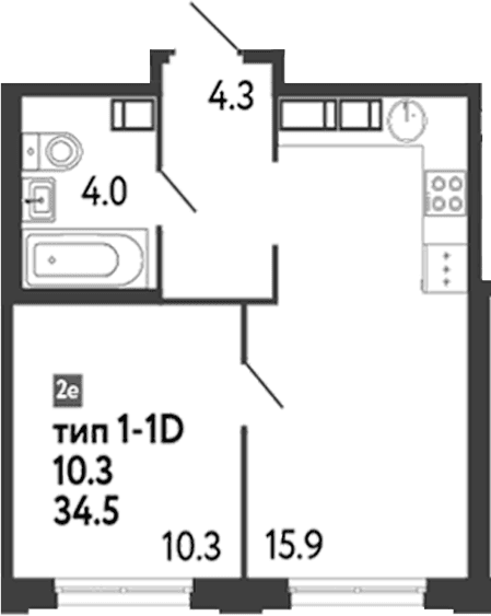 Планировка: Евродвушка 34,5 м² в ЖК «Струны»