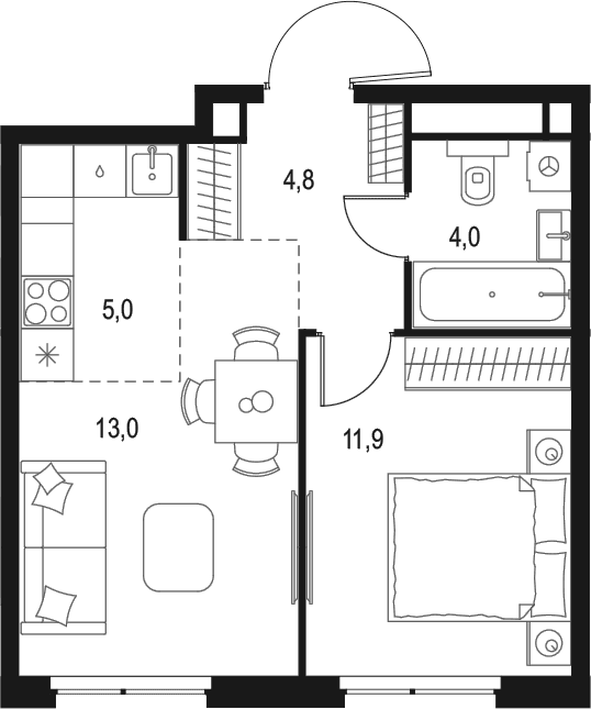Планировка: Евродвушка 38,7 м² в ЖК «Левел Мичуринский»