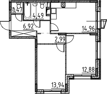 Планировка: 2-комнатная квартира 57,7 м² в ЖК «ВЕРЕН НОРТ Cертолово»