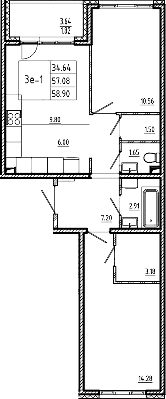 Планировка: Евротрёшка 57,1 м² в ЖК «ЛесАрт»