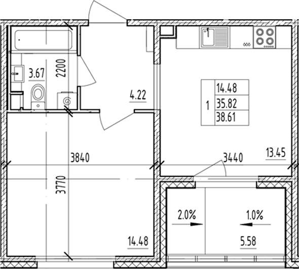 Планировка: 1-комнатная квартира 35,8 м² в ЖК «ЛесАрт»