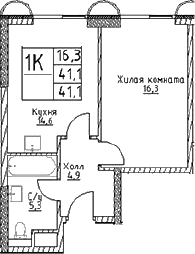 Планировка: 1-комнатная квартира 41,1 м² в ЖК «Наметкин Тауэр»
