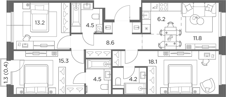 Планировка: Квартира евро-4 86,4 м² в ЖК «Станиславский»