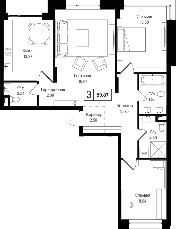 Планировка: 3-комнатная квартира 89,9 м² в ЖК «Преображенская площадь»