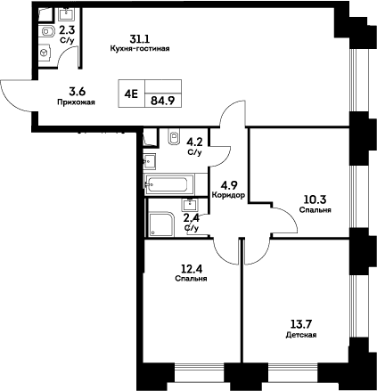 Планировка: Квартира евро-4 84,9 м² в ЖК «ЭВЕР»