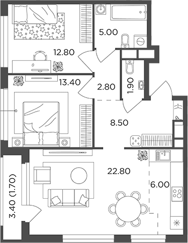 Планировка: Евротрёшка 73,2 м² в ЖК «Филатов Луг»