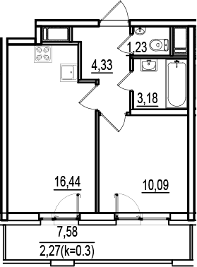 Планировка: Евродвушка 35,3 м² в ЖК «ИСКРА-Сити»