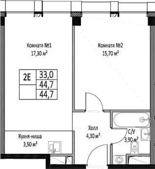Планировка: Евродвушка 44,7 м² в ЖК «ЭМОУШН»