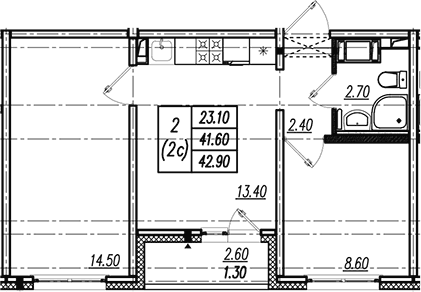 Планировка: 2-комнатная квартира 41,6 м² в ЖК «Цветной город»