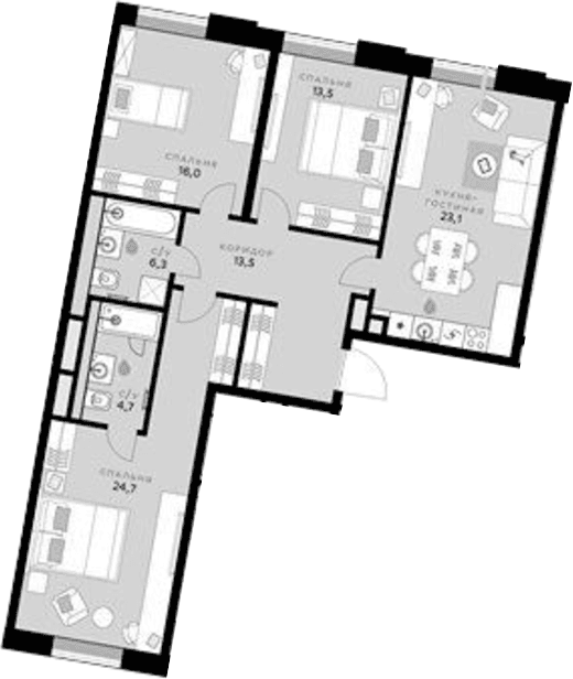 Планировка: Квартира евро-4 101,8 м² в ЖК «СберСити»