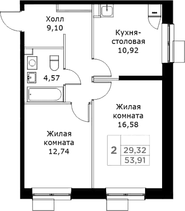 Планировка: 2-комнатная квартира 53,9 м² в ЖК «КИТ»