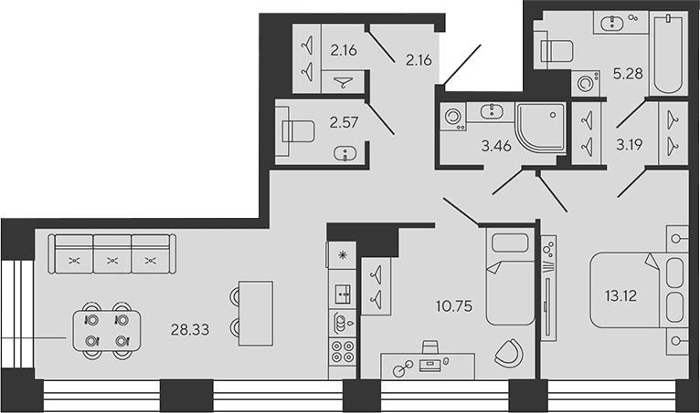 Планировка: Евротрёшка 71 м² в ЖК «BASHNI ELEMENT»