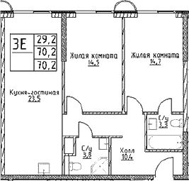 Планировка: Евротрёшка 70,2 м² в ЖК «Наметкин Тауэр»