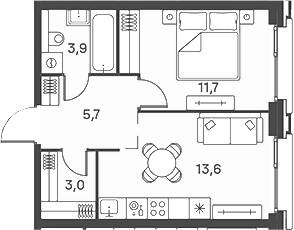 Планировка: Евродвушка 37,6 м² в ЖК «Портленд»