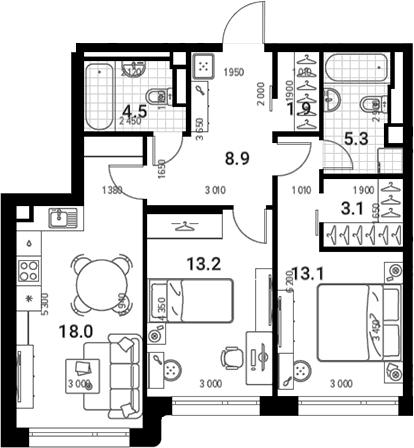 Планировка: Евротрёшка 68,1 м² в ЖК «Нагатино Ай-Лэнд»