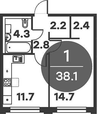 Планировка: 1-комнатная квартира 38,1 м² в ЖК «Равновесие»