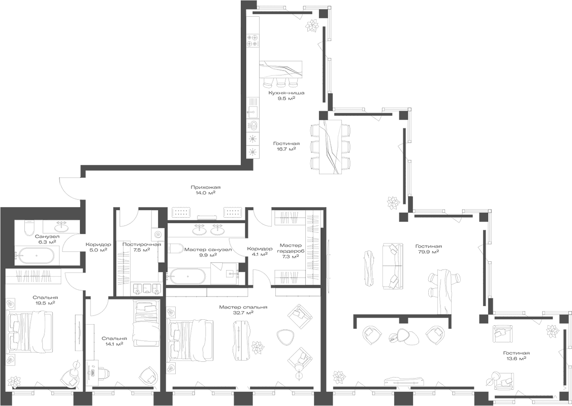 Планировка: Квартира евро-4 241,1 м² в ЖК «Опус»
