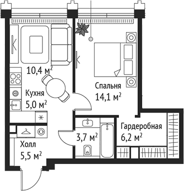 Планировка: Евродвушка 44,9 м² в ЖК «СЕТ»