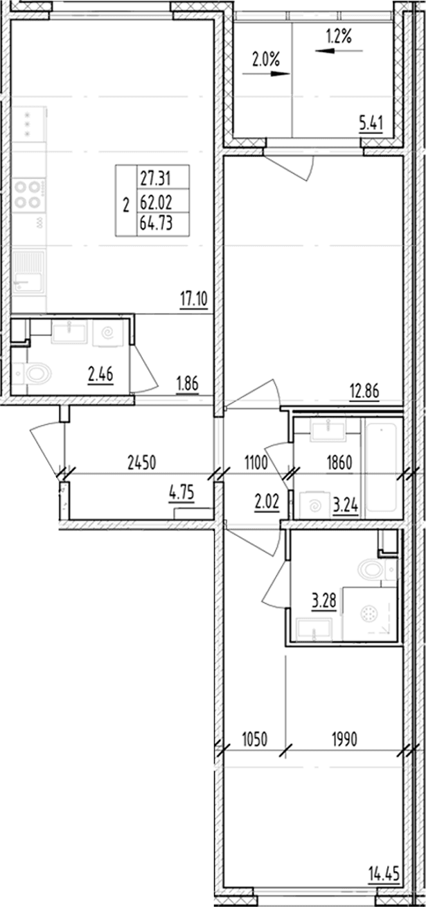 Планировка: 2-комнатная квартира 62 м² в ЖК «ЛесАрт»