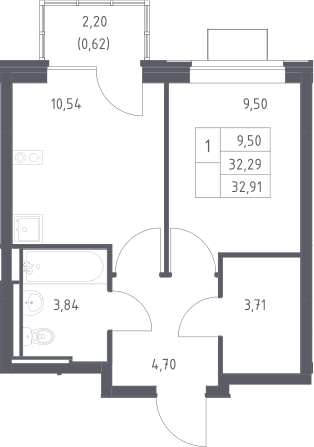 Планировка: 1-комнатная квартира 32,3 м² в ЖК «Богдановский лес»