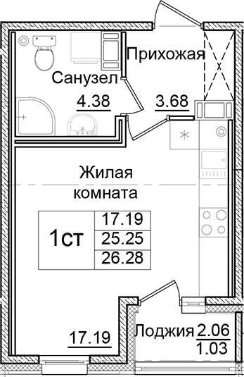 Планировка: Студия 25,3 м² в ЖК «Квартал Заречье»