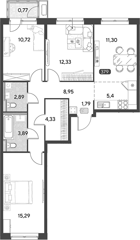Планировка: Квартира евро-4 76,9 м² в ЖК «Космопарк»