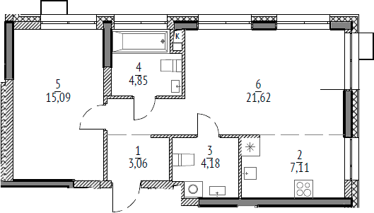 Планировка: Евродвушка 55,9 м² в ЖК «N'ICE LOFT»