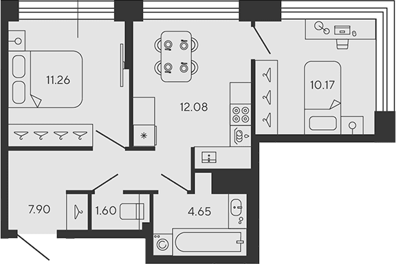 Планировка: 2-комнатная квартира 47,7 м² в ЖК «BASHNI ELEMENT»