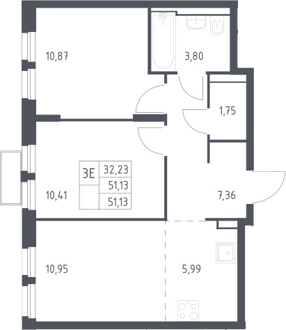 Планировка: Евротрёшка 51,1 м² в ЖК «Квартал Строгино»