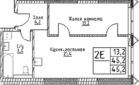 Планировка: Евродвушка 46,2 м² в ЖК «Наметкин Тауэр»