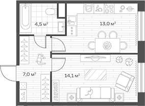 Планировка: 1-комнатная квартира 38,6 м² в ЖК «Аристов Берег»