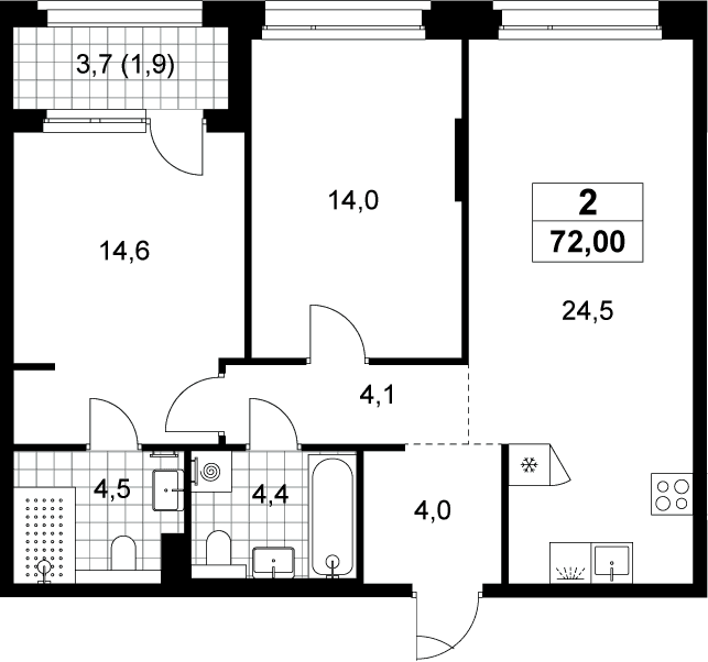 Планировка: Евротрёшка 70,1 м² в ЖК «Хольм»