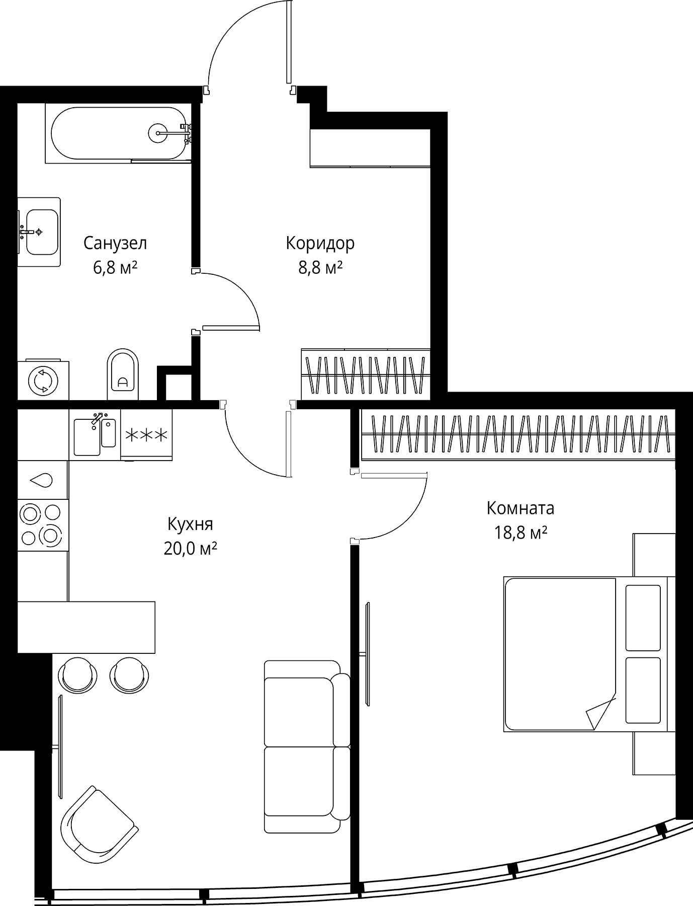 Планировка: Евродвушка 54,4 м² в ЖК «ОНЕ»