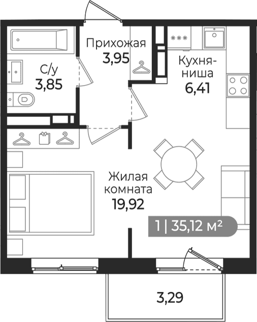Планировка: Студия 34,1 м² в ЖК «Квинта»