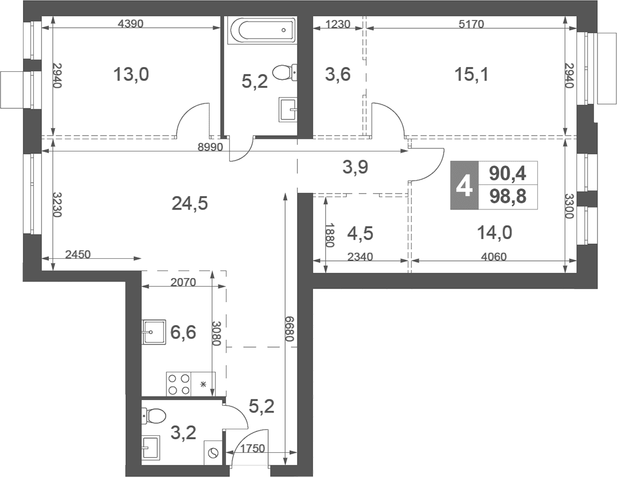 Планировка: Квартира евро-4 98,8 м² в ЖК «Дубровицы Клаб»