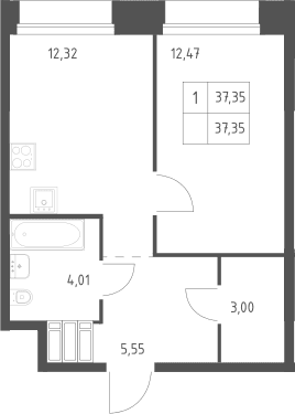 Планировка: 1-комнатная квартира 37,4 м² в ЖК «Тропарево Парк»