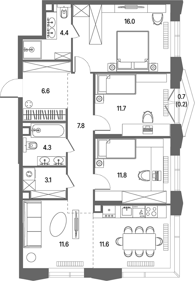Планировка: Квартира евро-4 88,9 м² в ЖК «КОД Сокольники»
