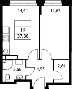 Планировка: 1-комнатная квартира 37,4 м² в ЖК «Волковская 67»