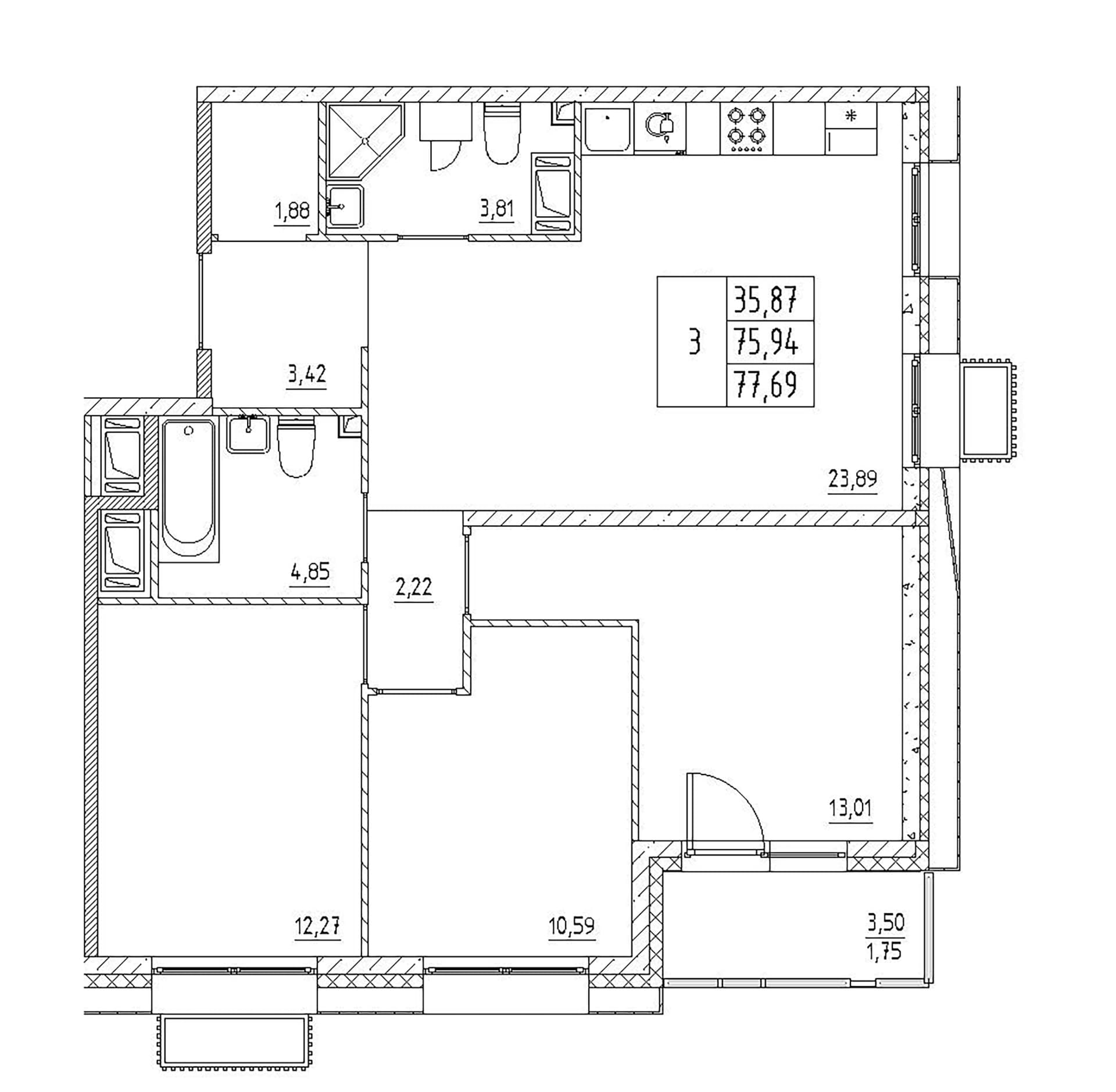 Планировка: Квартира евро-4 75,9 м² в ЖК «Респект»