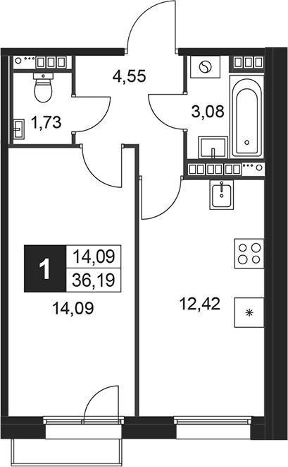 Планировка: 1-комнатная квартира 35,9 м² в ЖК «Слобода»