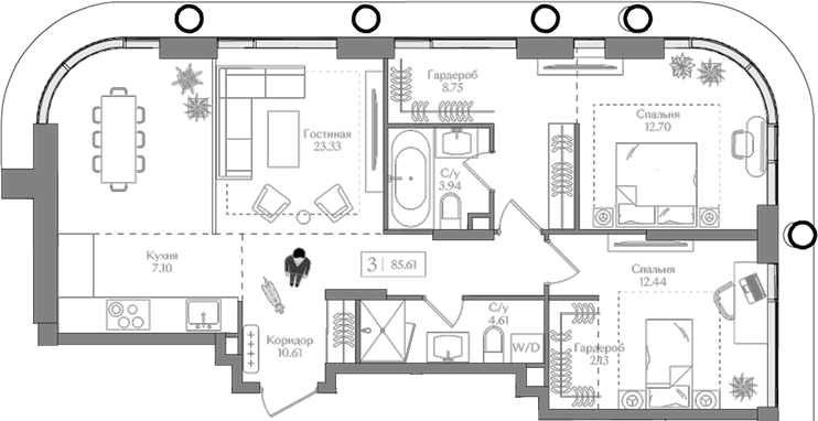 Планировка: Евротрёшка 85,6 м² в ЖК «Преображенская площадь»