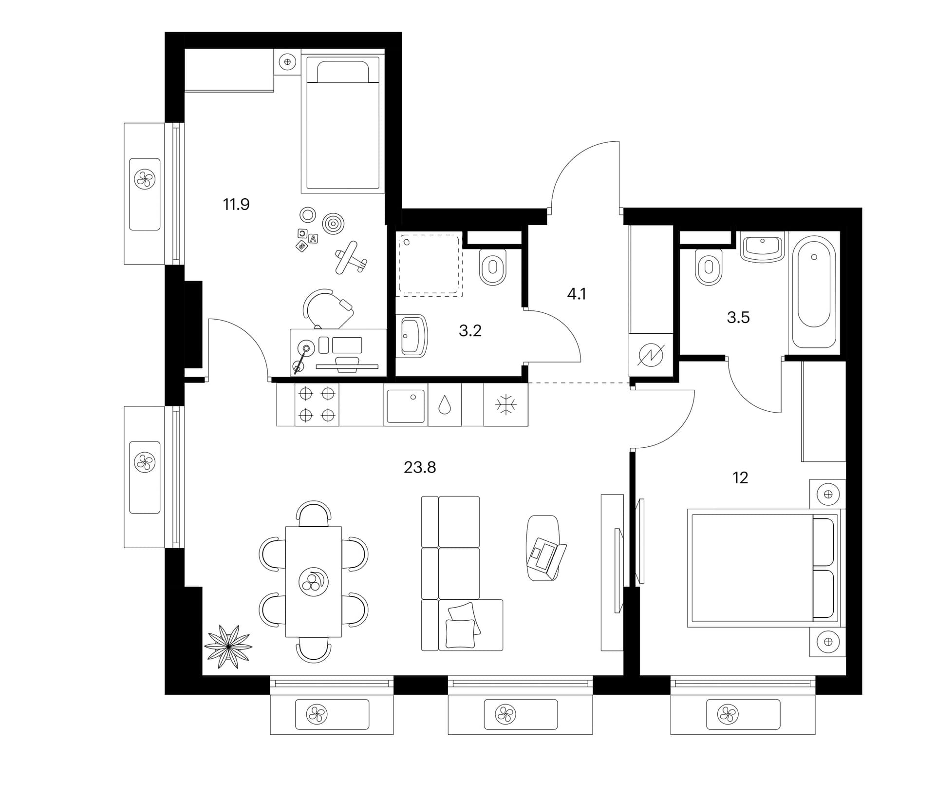 Планировка: 2-комнатная квартира 58,5 м² в ЖК «Белая Дача парк»