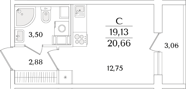 Планировка: Студия 19,1 м² в ЖК «Кинопарк»