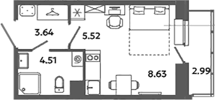 Планировка: Студия 22,3 м² в ЖК «Загляденье»