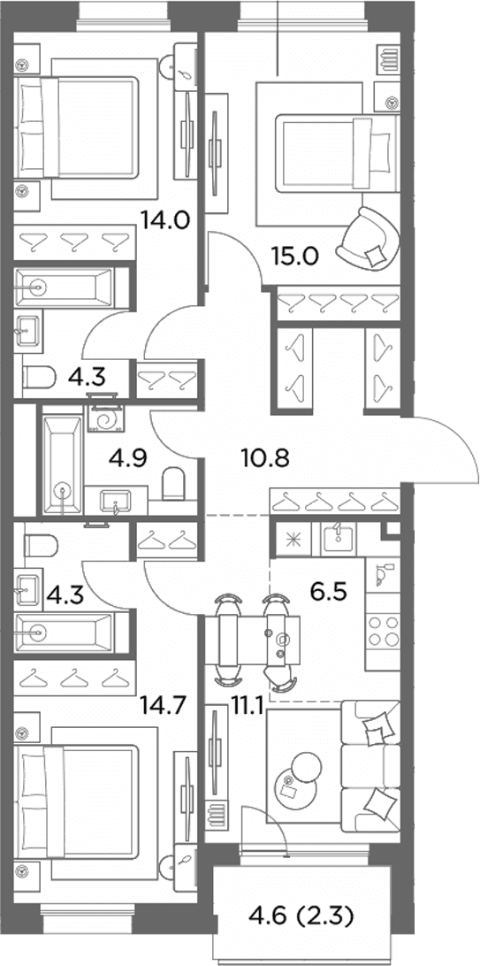 Планировка: Квартира евро-4 85,6 м² в ЖК «Станиславский»