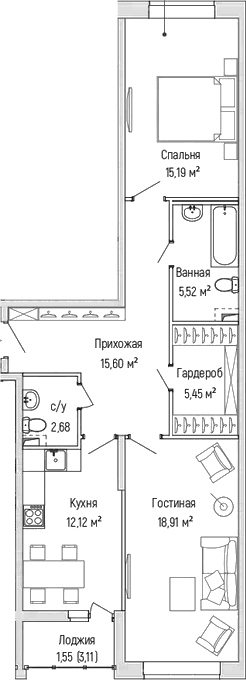 Планировка: 2-комнатная квартира 75,5 м² в ЖК «Рига Хиллс»